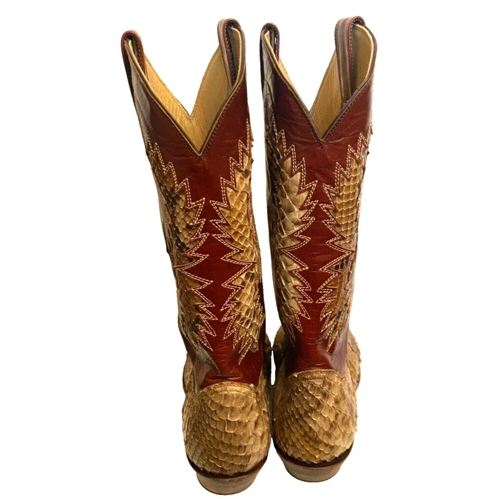 CORDONES Men's Cowboy Boots Size 9.5 Genuine SNAKE SKIN Red Brown Leather SPAIN